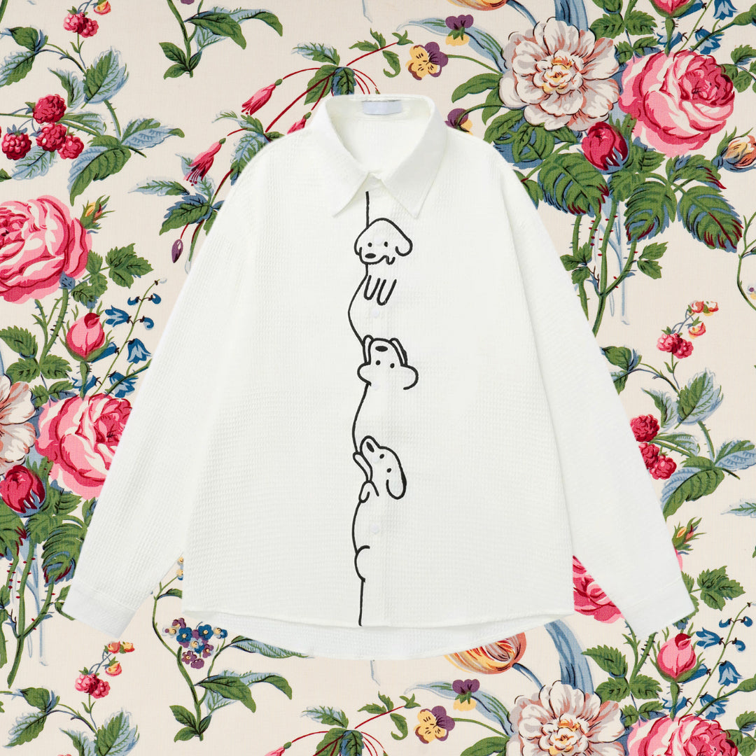 子犬の刺繍ブラウス - Milk White