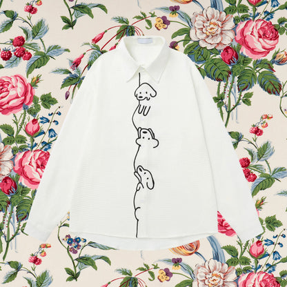 子犬の刺繍ブラウス - Milk White