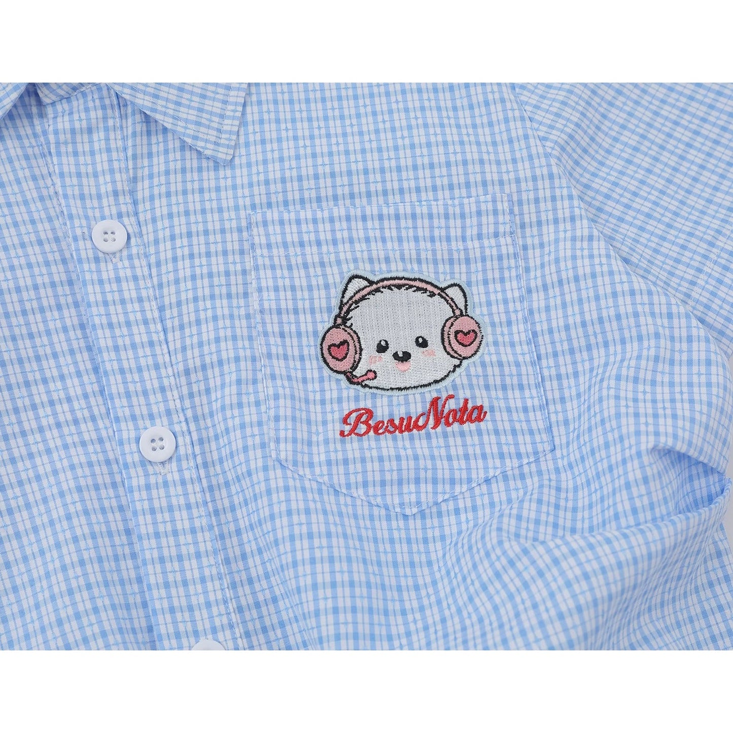 子猫の刺繍チェックシャツ - Sky Blue Check