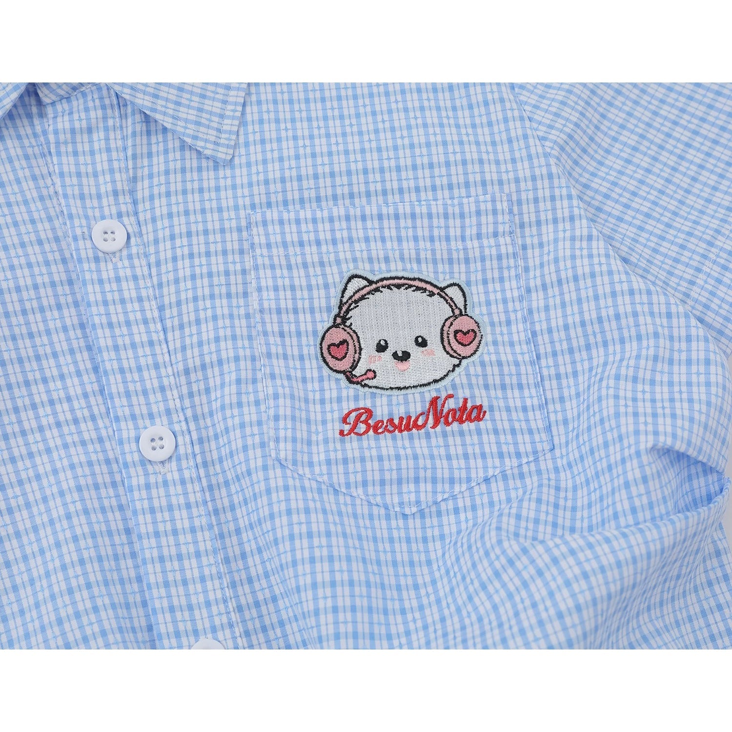 子猫の刺繍チェックシャツ - Sky Blue Check