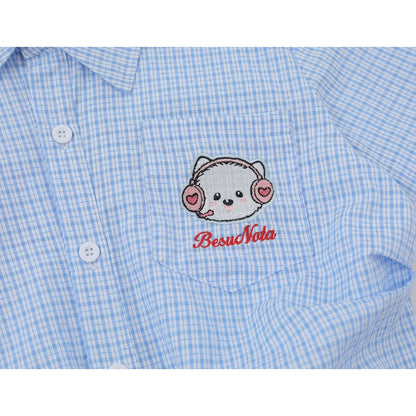 子猫の刺繍チェックシャツ - Sky Blue Check