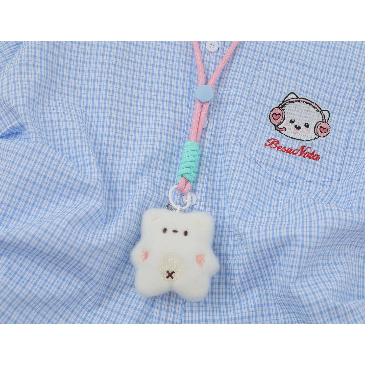 子猫の刺繍チェックシャツ - Sky Blue Check