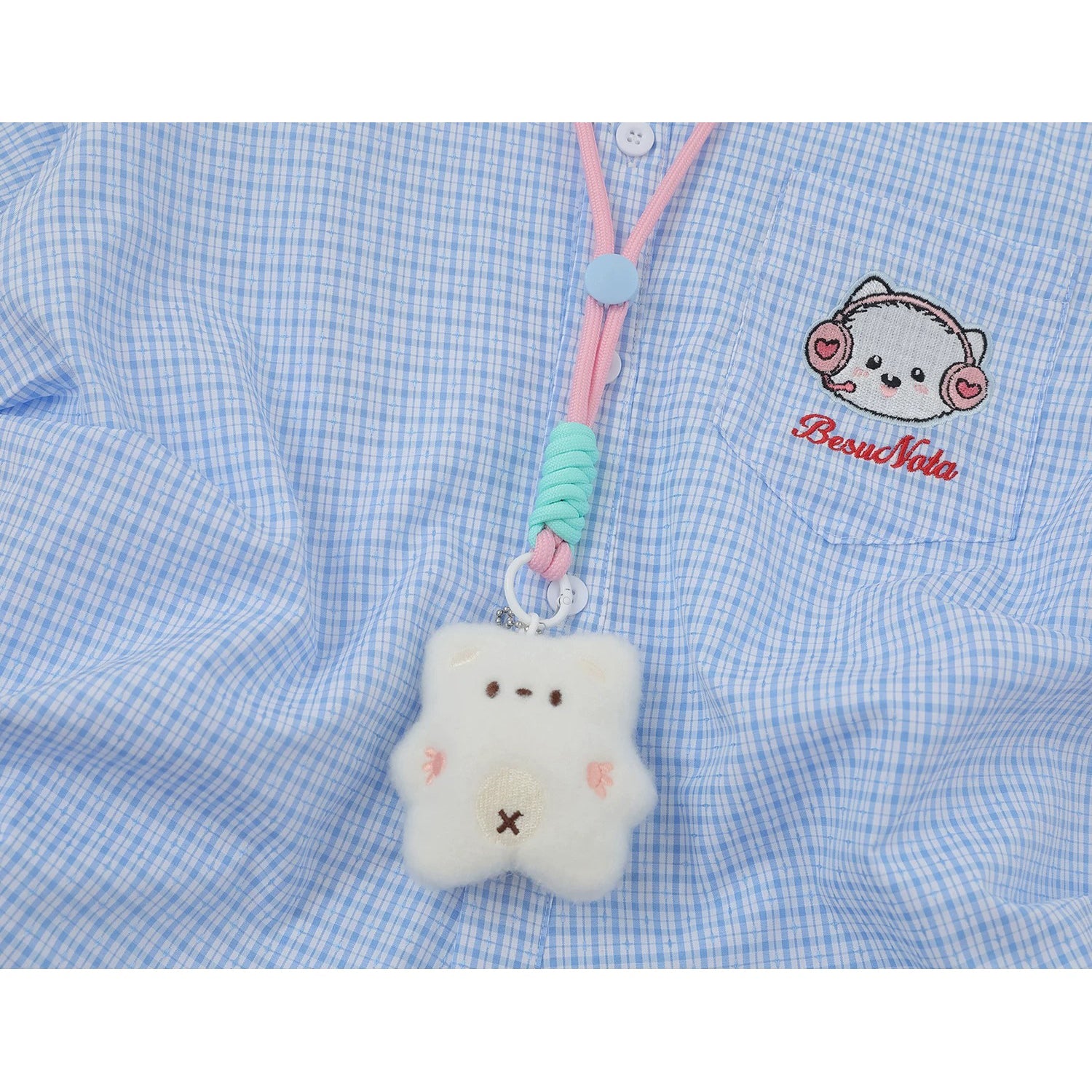子猫の刺繍チェックシャツ - Sky Blue Check