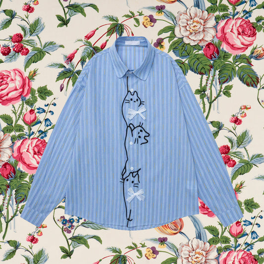 子猫の刺繍リボンブラウス - Salvia Blue