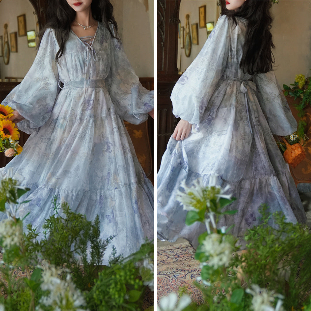 灰霧の花鳥画ワンピース