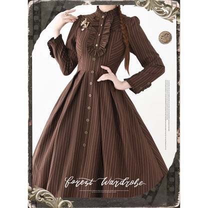 英国のお嬢様のクラシカルストライプワンピース - Brown