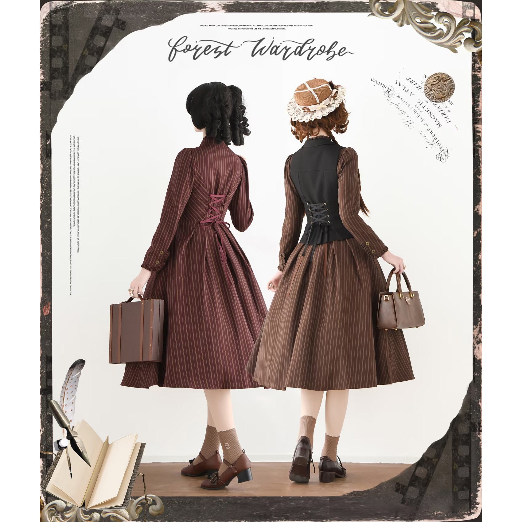 英国のお嬢様のクラシカルストライプワンピース - Brown