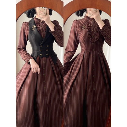 英国のお嬢様のクラシカルストライプワンピース - Burgundy