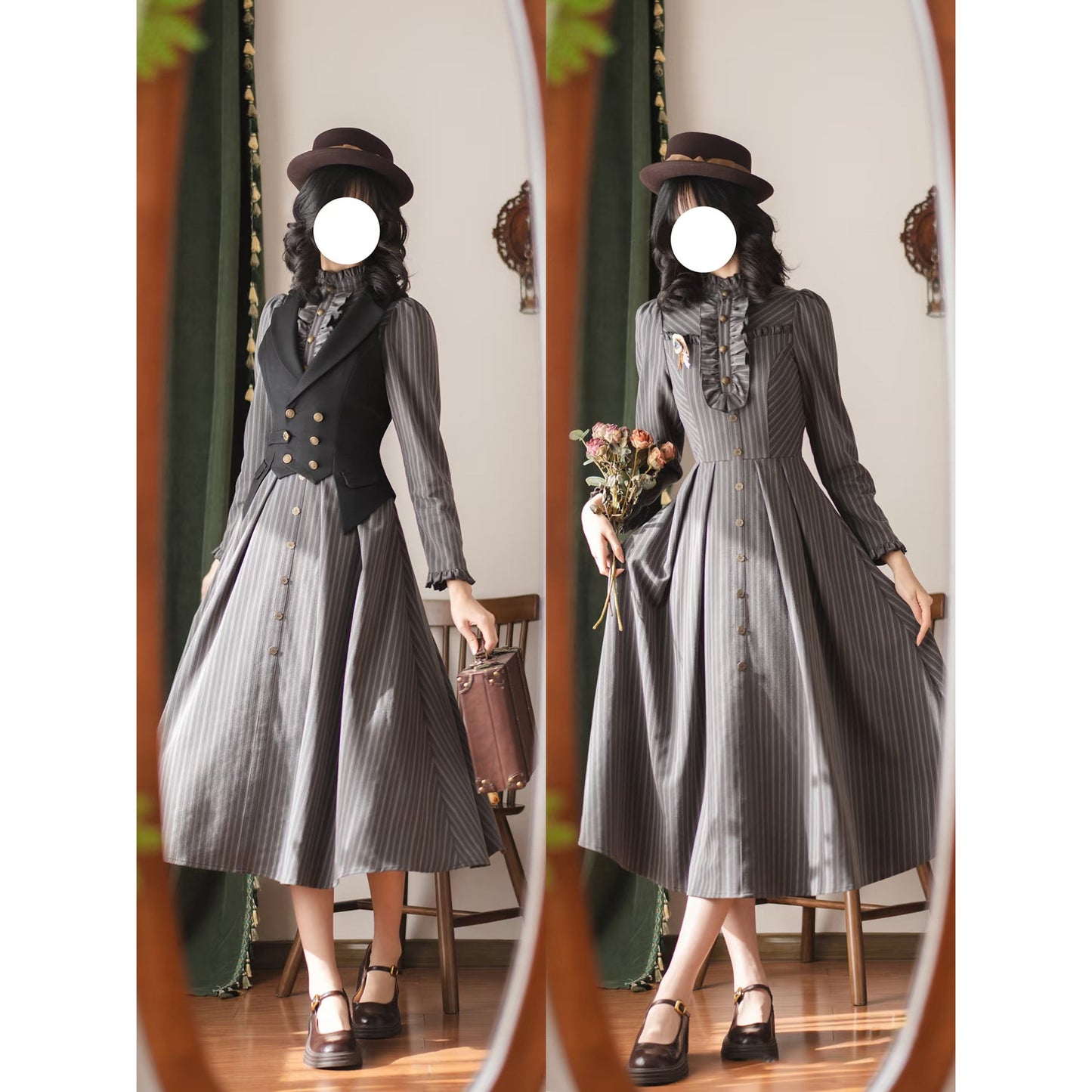 英国のお嬢様のクラシカルストライプワンピース - Gray