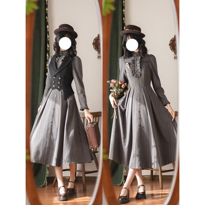 英国のお嬢様のクラシカルストライプワンピース - Gray