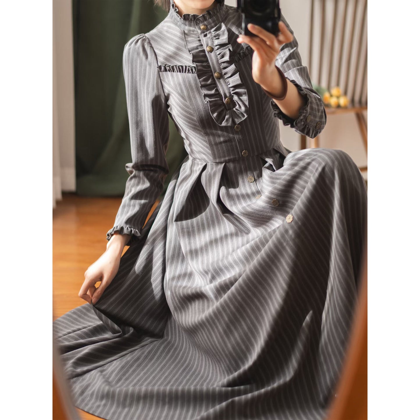 英国のお嬢様のクラシカルストライプワンピース - Gray