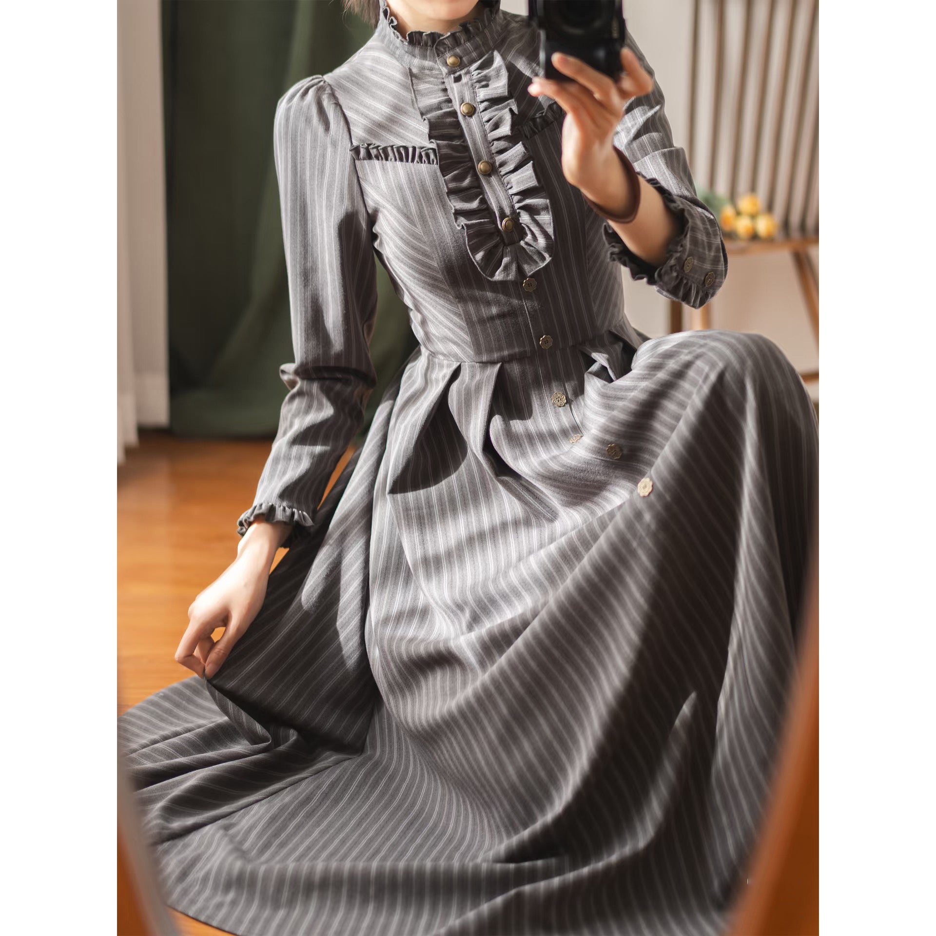 英国のお嬢様のクラシカルストライプワンピース - Gray