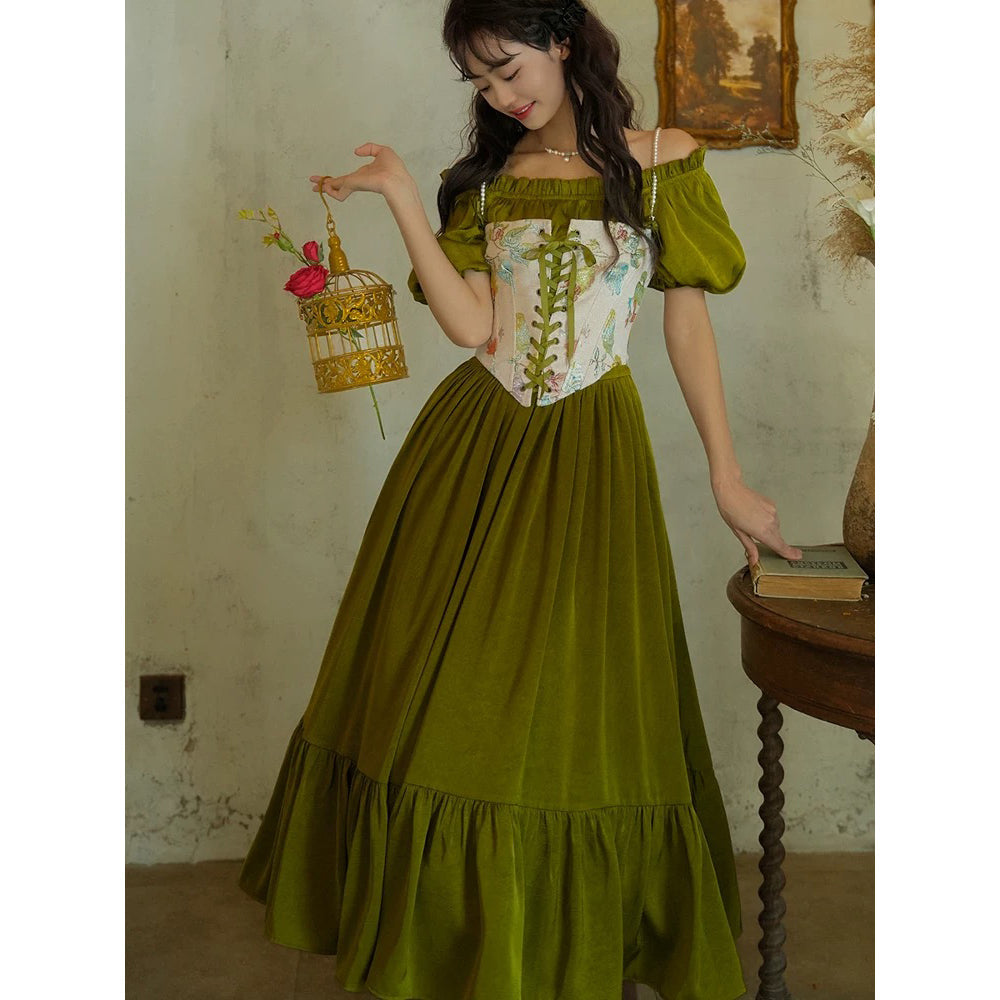 青白橡の貴婦人のレトロワンピース