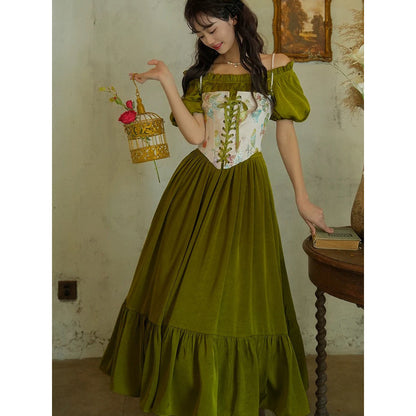 青白橡の貴婦人のレトロワンピース