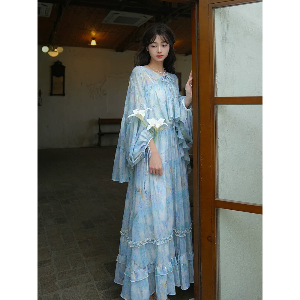 藤の花の水彩画ブラウスとロングスカート