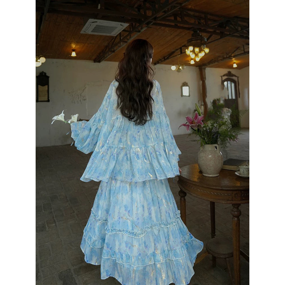 藤の花の水彩画ブラウスとロングスカート