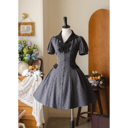 映画女優の水玉柄クラシカルワンピース - Slate Gray