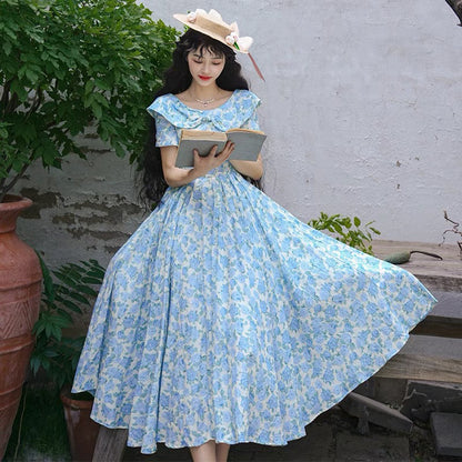 水縹の薔薇柄レトロワンピース