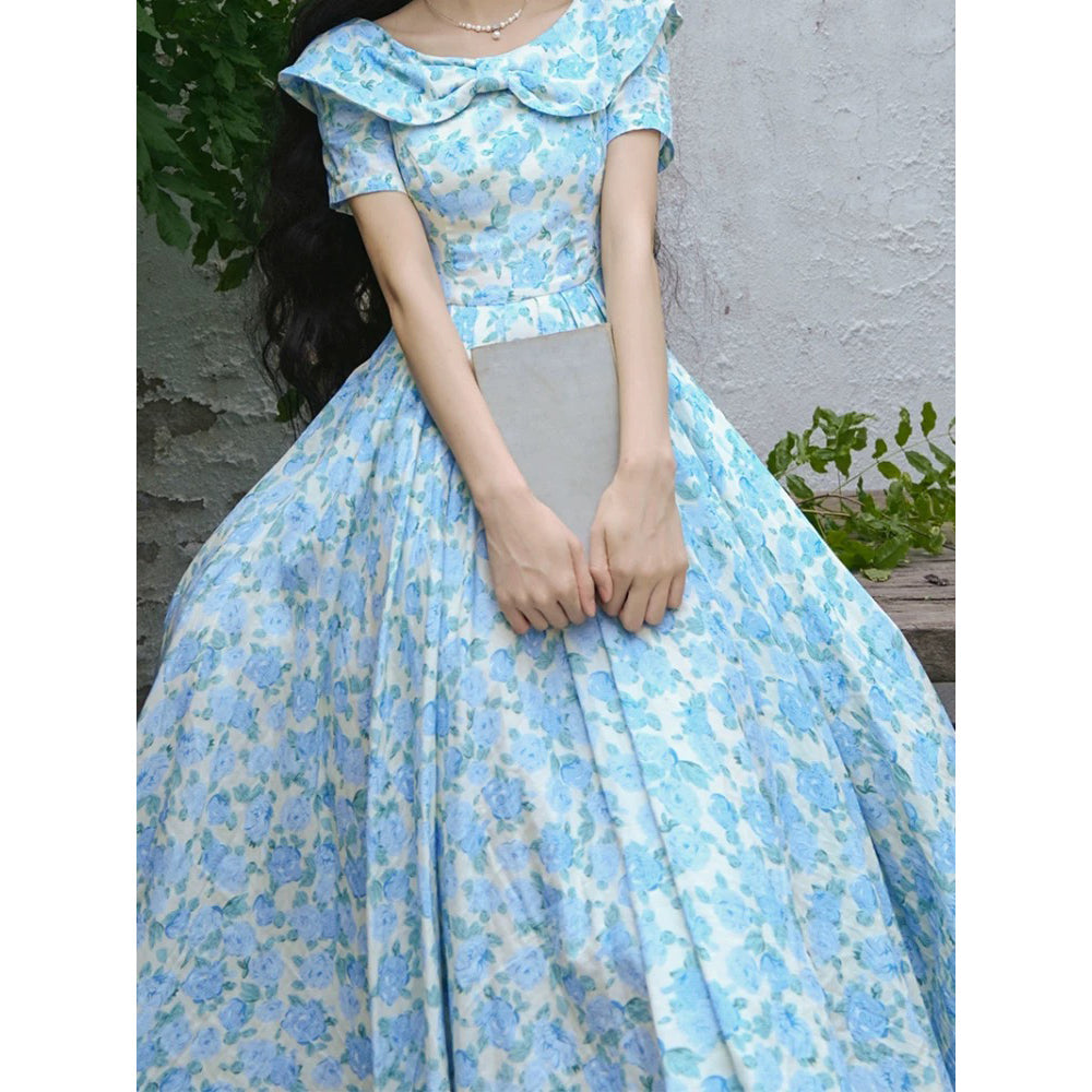 水縹の薔薇柄レトロワンピース