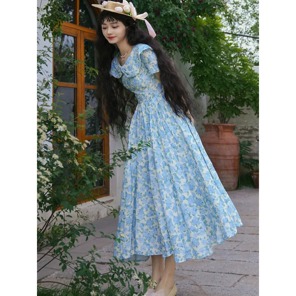 水縹の薔薇柄レトロワンピース