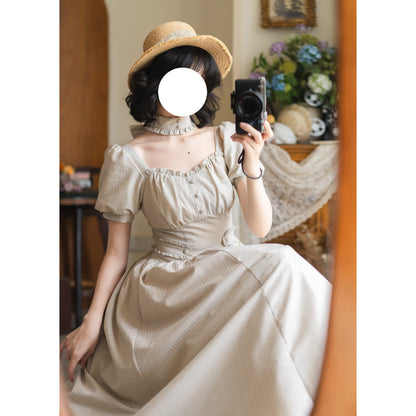 英国のお嬢様のクラシカルストライプワンピース - Sand Beige