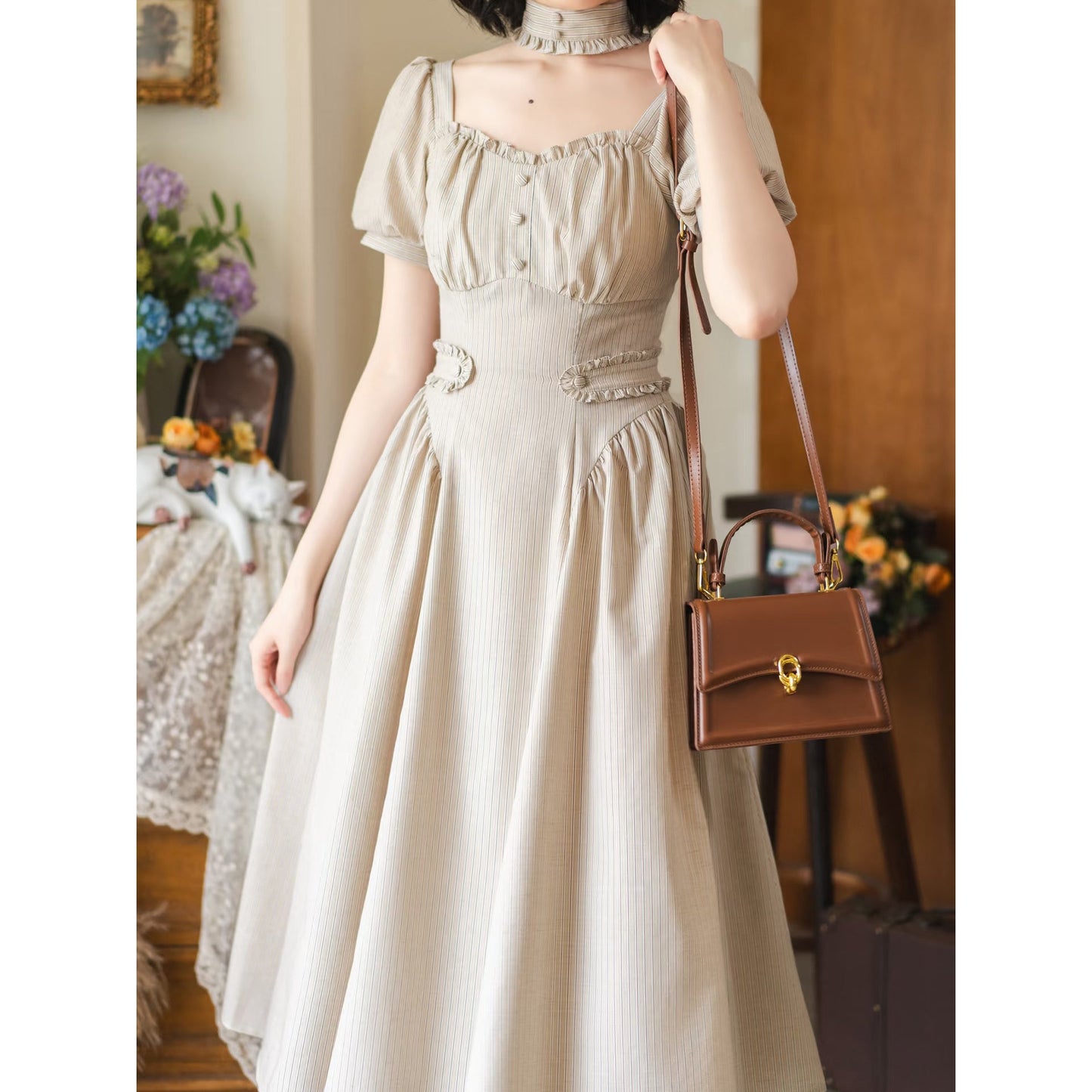 英国のお嬢様のクラシカルストライプワンピース - Sand Beige