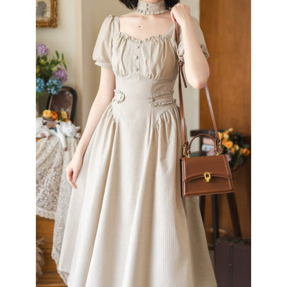 英国のお嬢様のクラシカルストライプワンピース - Sand Beige