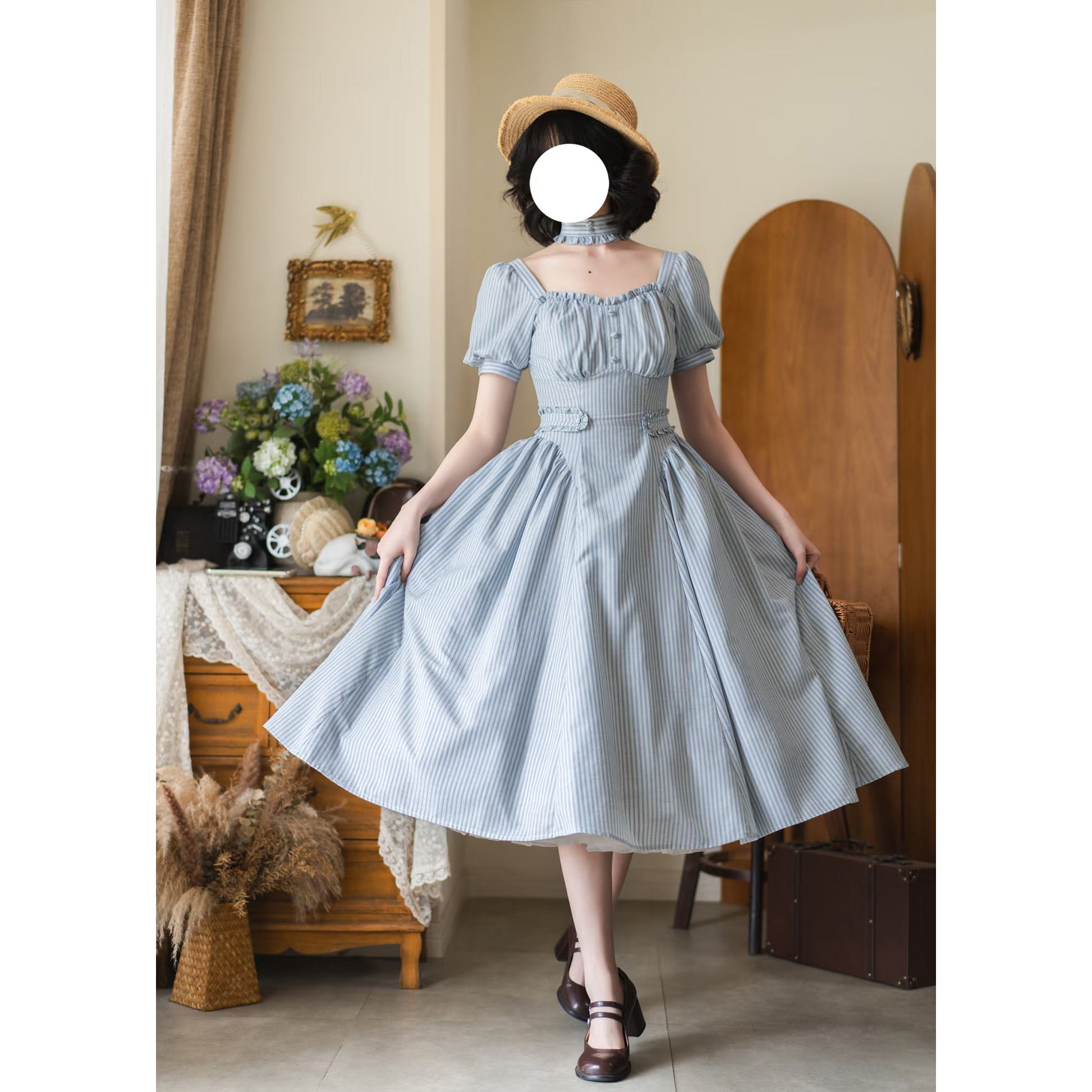 英国のお嬢様のクラシカルストライプワンピース - Ice Blue
