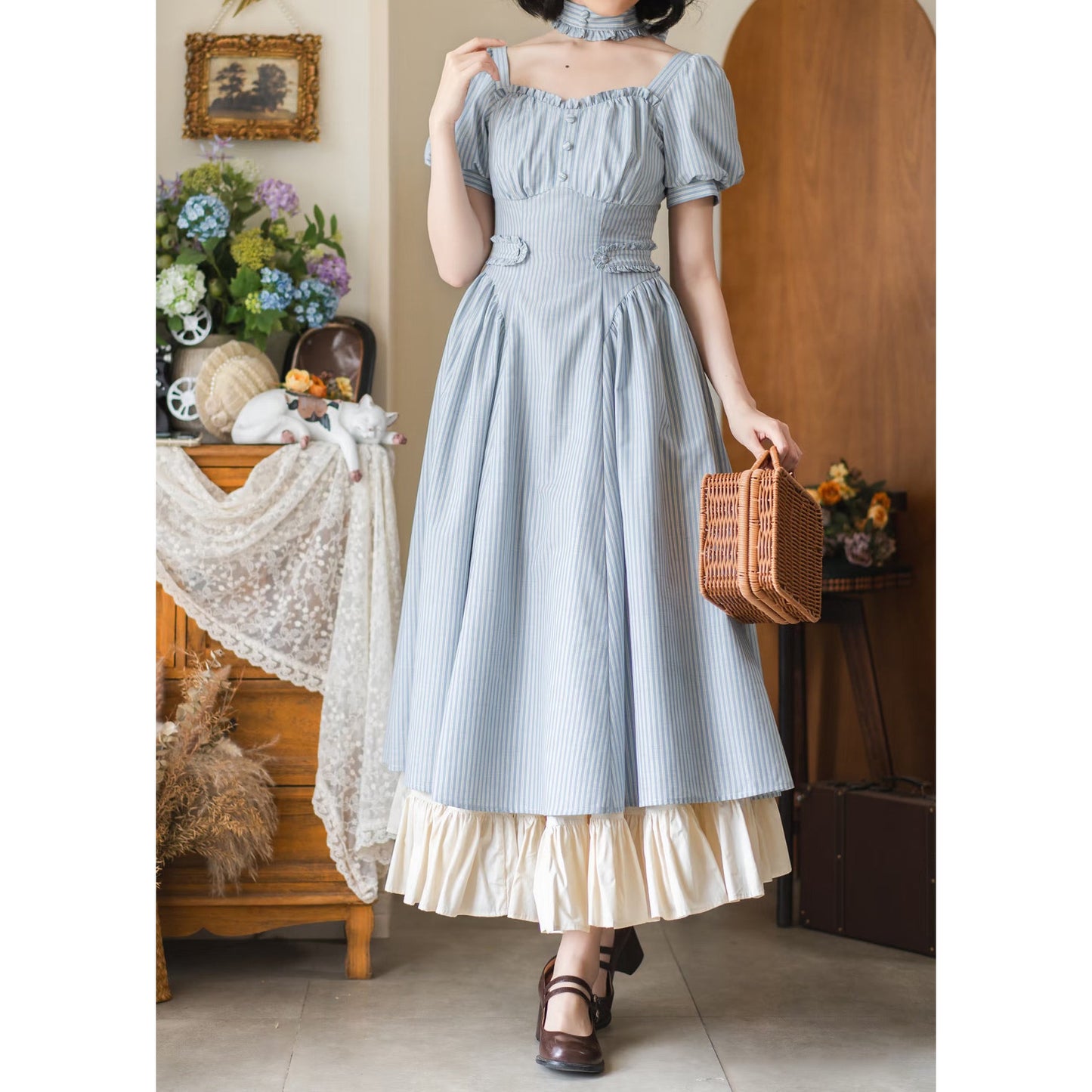 英国のお嬢様のクラシカルストライプワンピース - Ice Blue