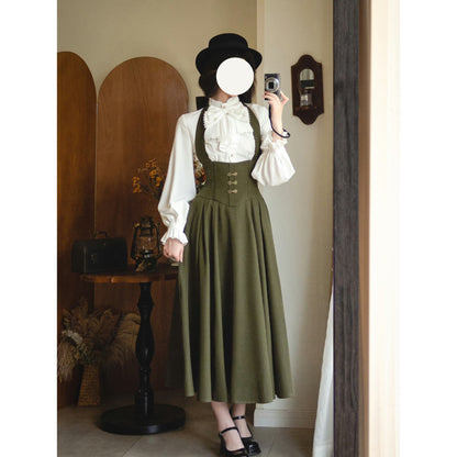 英国のお嬢様のクラシカルジャンパースカート - ロング丈（モスグリーン）