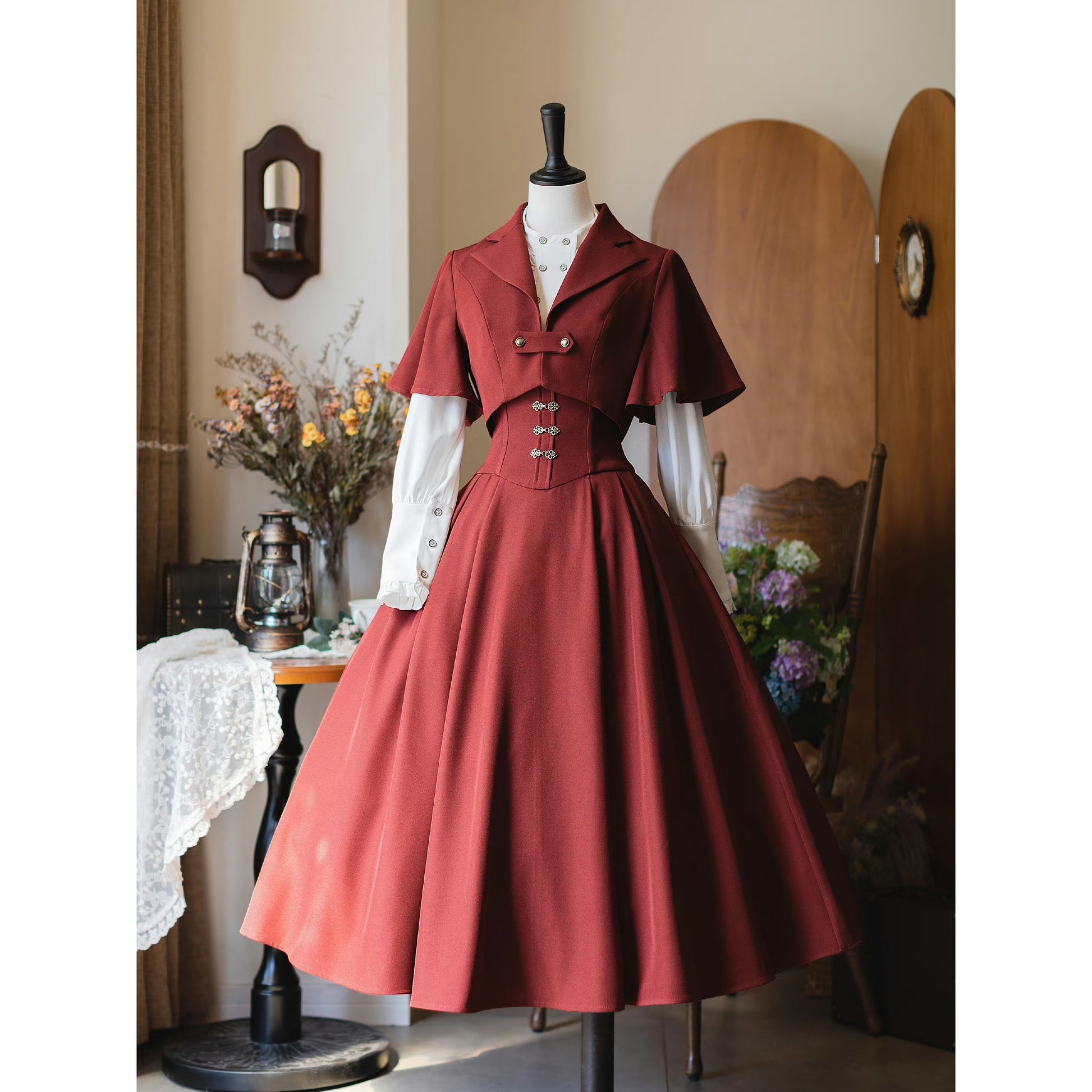 英国のお嬢様のクラシカルジャンパースカート - ロング丈（レッド）