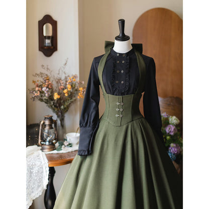 英国のお嬢様のクラシカルジャンパースカート - ロング丈（モスグリーン）