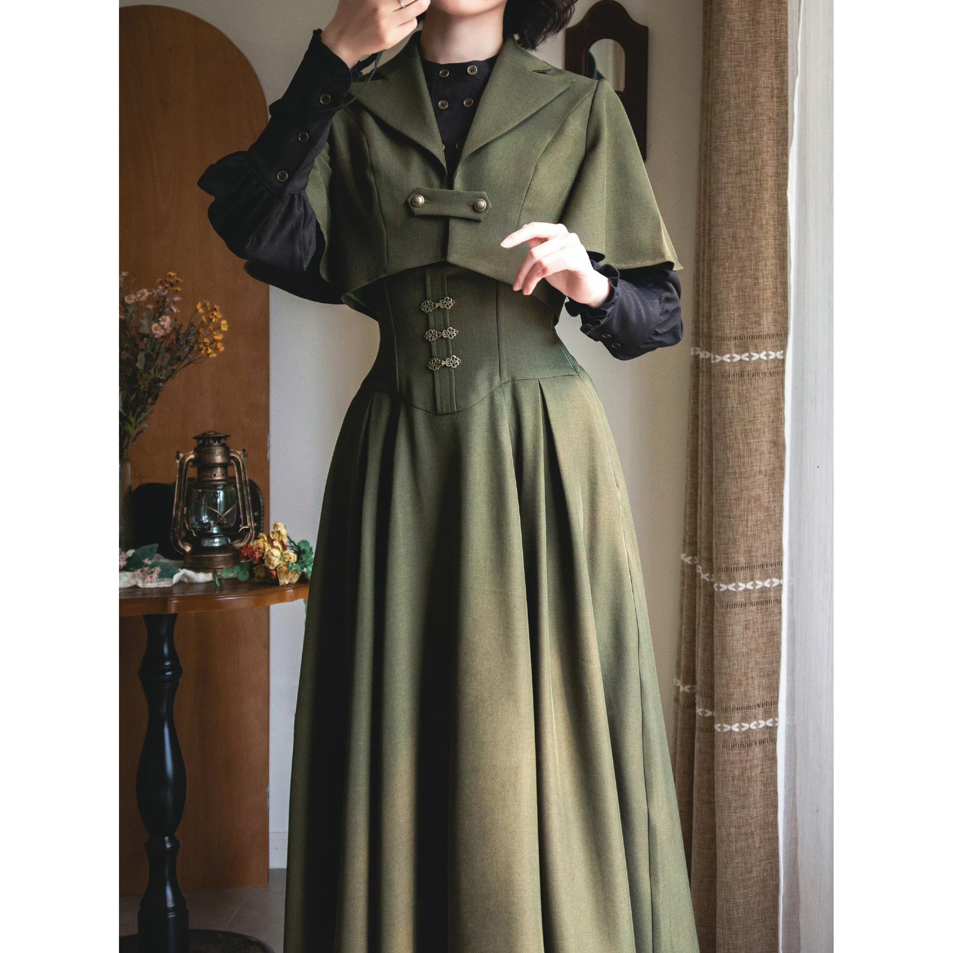 英国のお嬢様のクラシカルジャンパースカート - ロング丈（モスグリーン）