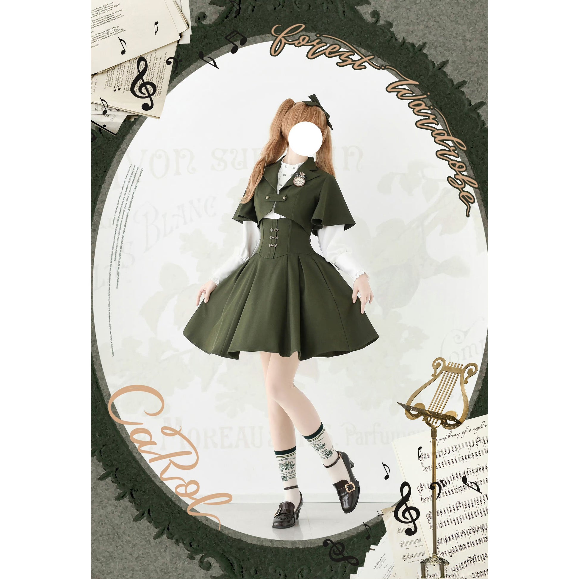 英国のお嬢様のクラシカルジャンパースカート - ショート丈（モスグリーン）