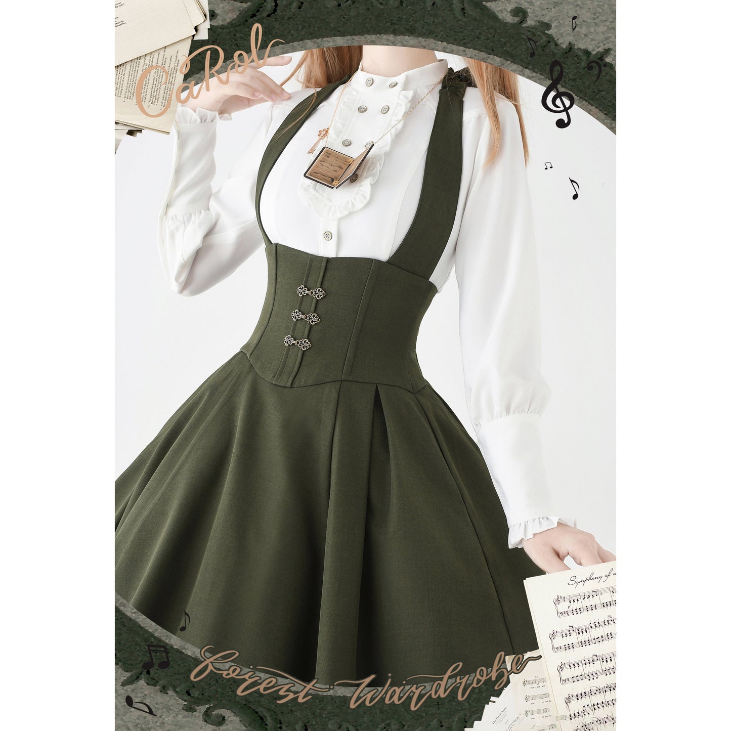 英国のお嬢様のクラシカルジャンパースカート - ショート丈（モスグリーン）