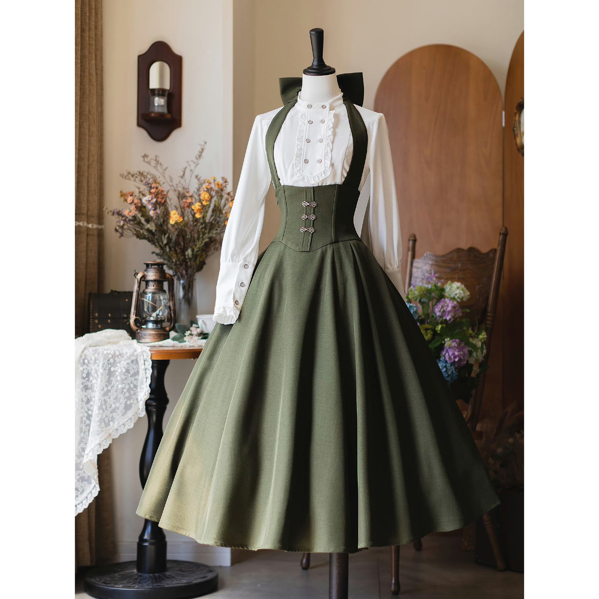 英国のお嬢様のクラシカルジャンパースカート - ロング丈（モスグリーン）