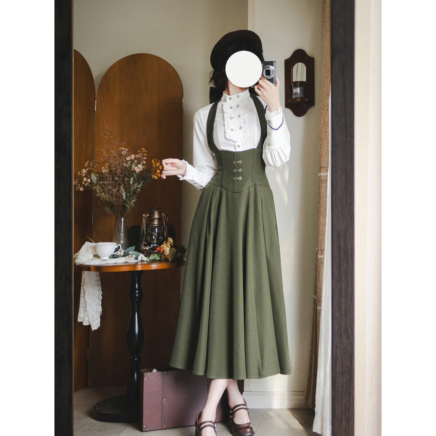 英国のお嬢様のクラシカルジャンパースカート - ロング丈（モスグリーン）