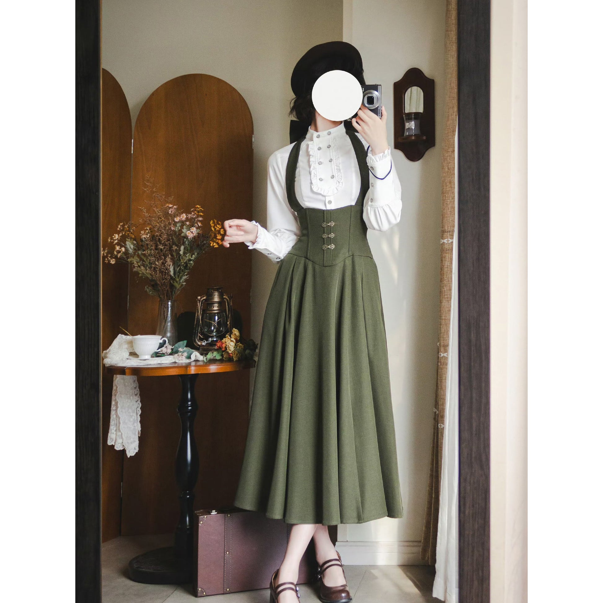 英国のお嬢様のクラシカルジャンパースカート - ロング丈（モスグリーン）