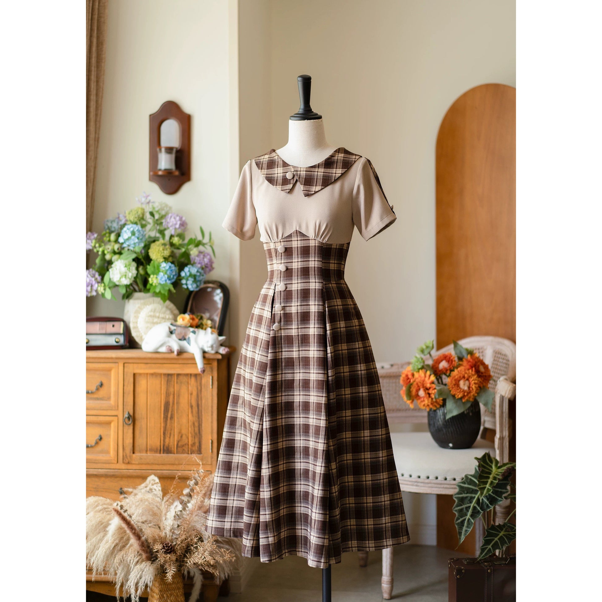 英国令嬢のレトロチェックワンピース - Dark Brown
