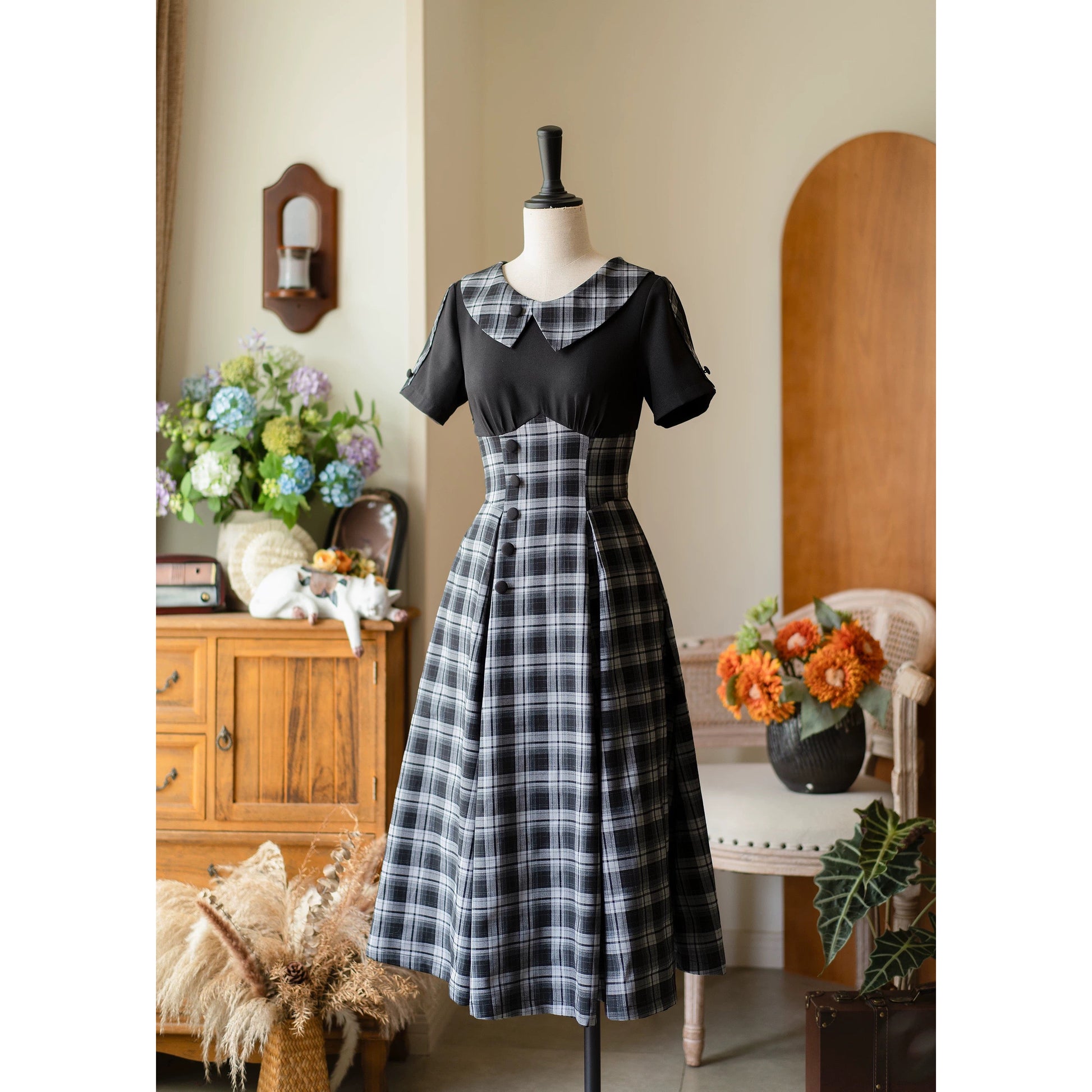 英国令嬢のレトロチェックワンピース - Black