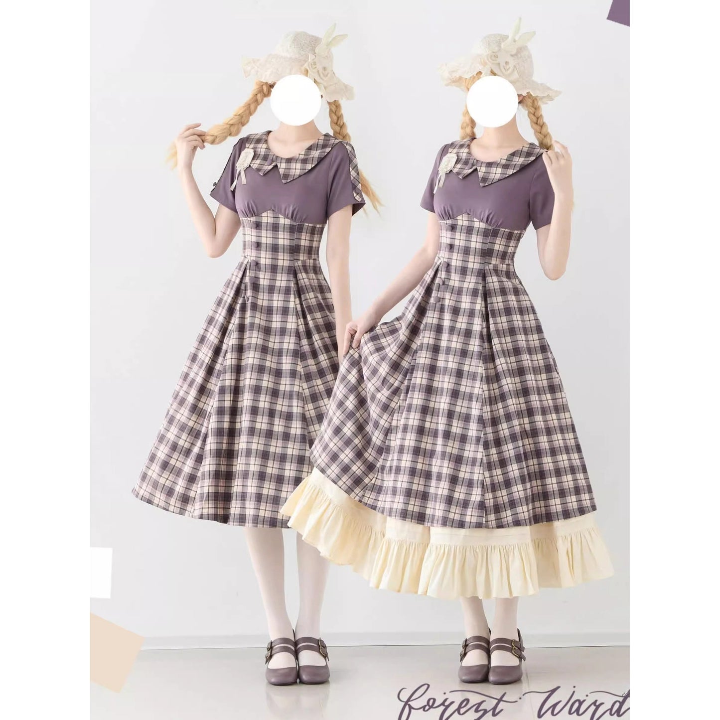 英国令嬢のレトロチェックワンピース - Light Purple