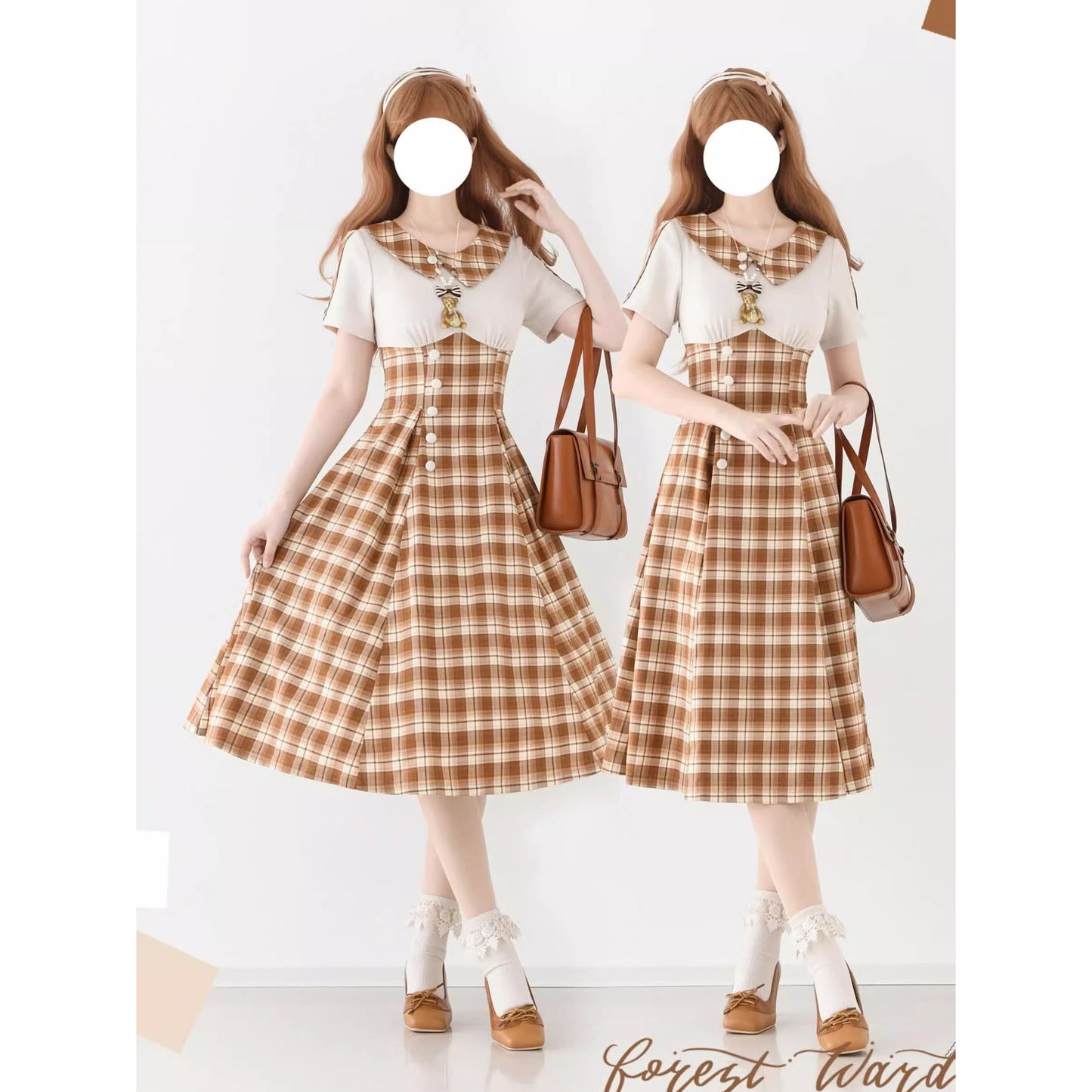 英国令嬢のレトロチェックワンピース - Light Brown