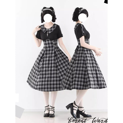 英国令嬢のレトロチェックワンピース - Black