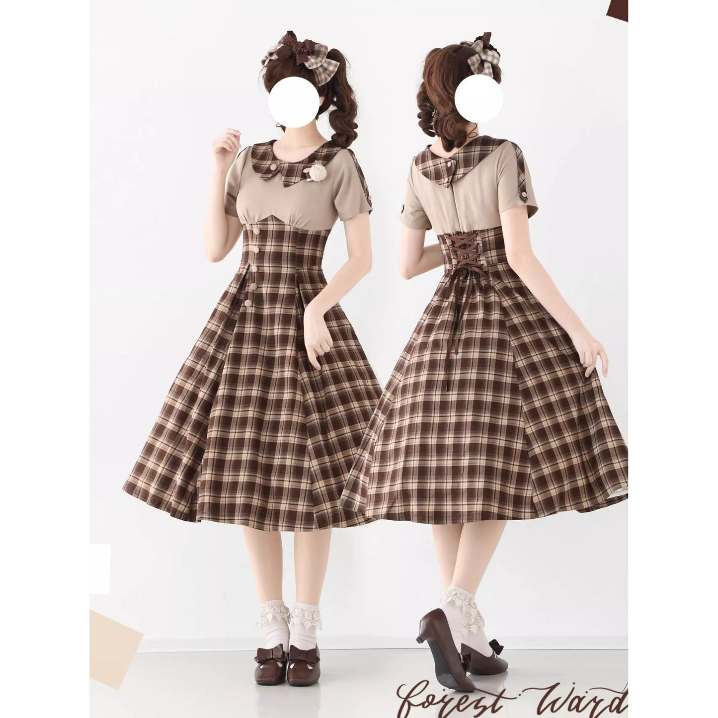英国令嬢のレトロチェックワンピース - Dark Brown