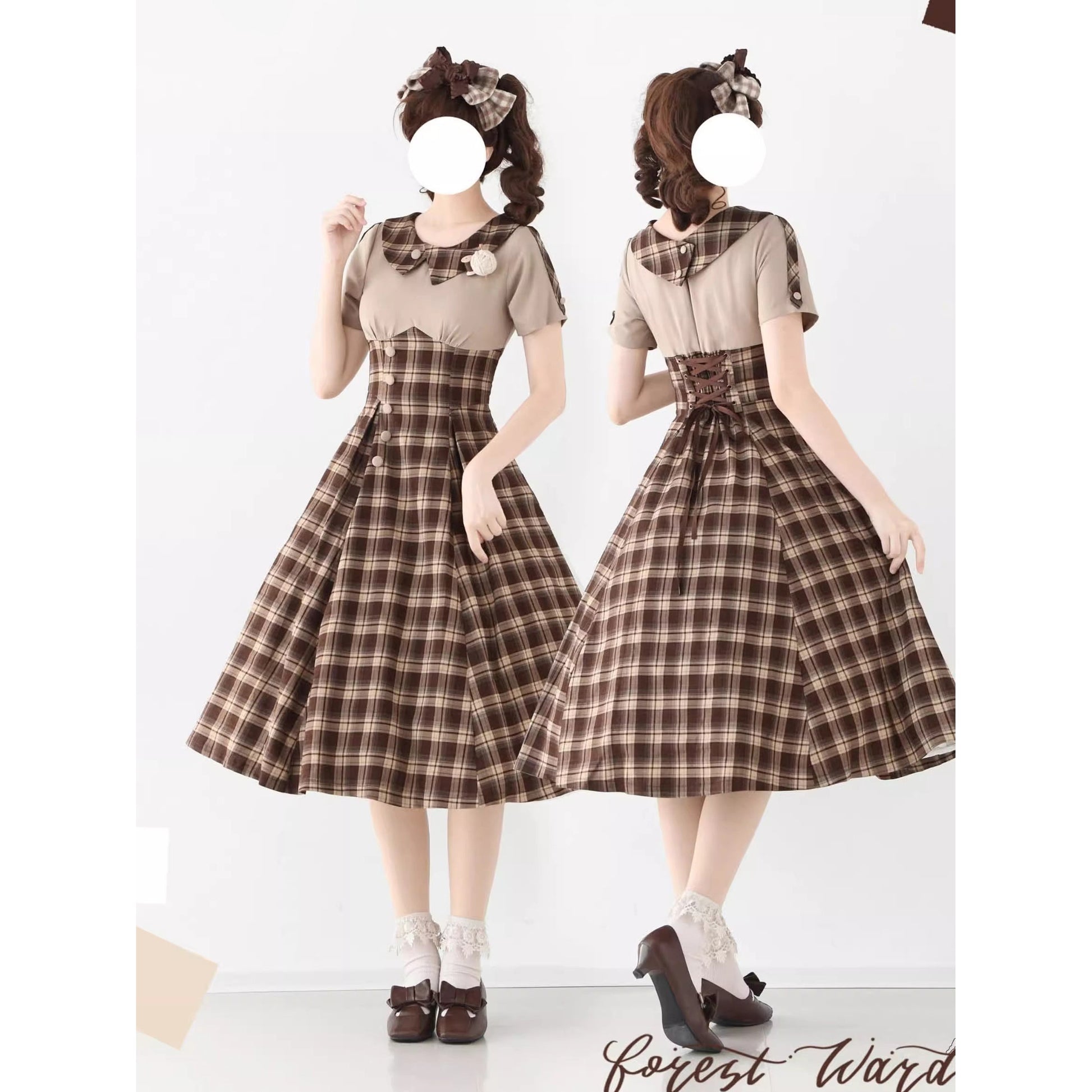 英国令嬢のレトロチェックワンピース - Dark Brown