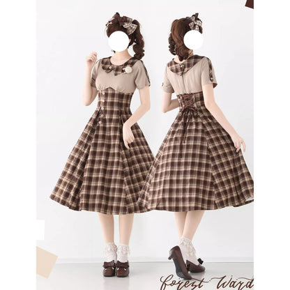 英国令嬢のレトロチェックワンピース - Dark Brown