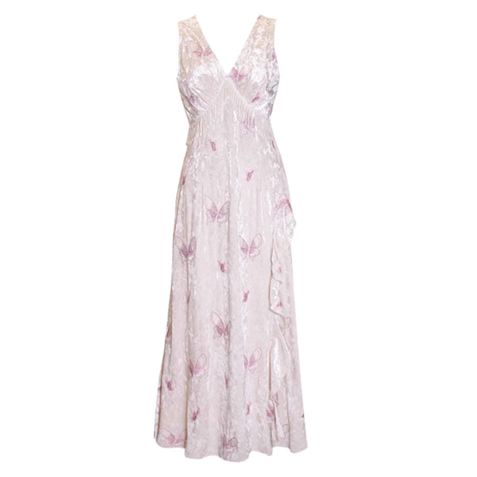 桃色の蝶々の刺繍ワンピース