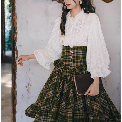 墨緑格子柄のフィッシュテールスカート