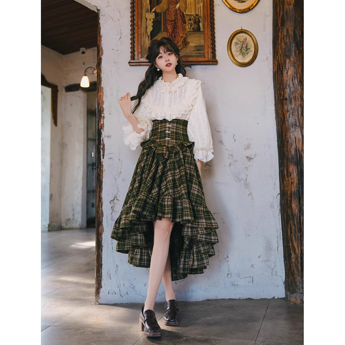 墨緑格子柄のフィッシュテールスカート