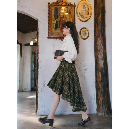 墨緑格子柄のフィッシュテールスカート